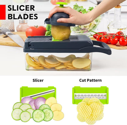 Vegetable Chopper 16-in-1 Pro Onion & Food Slicer Dicer Veggie Cutter with 11 Blades & Container Kitchen Utensil Set for Cooking & Meal Prep Useful Gadget for New Homeowners