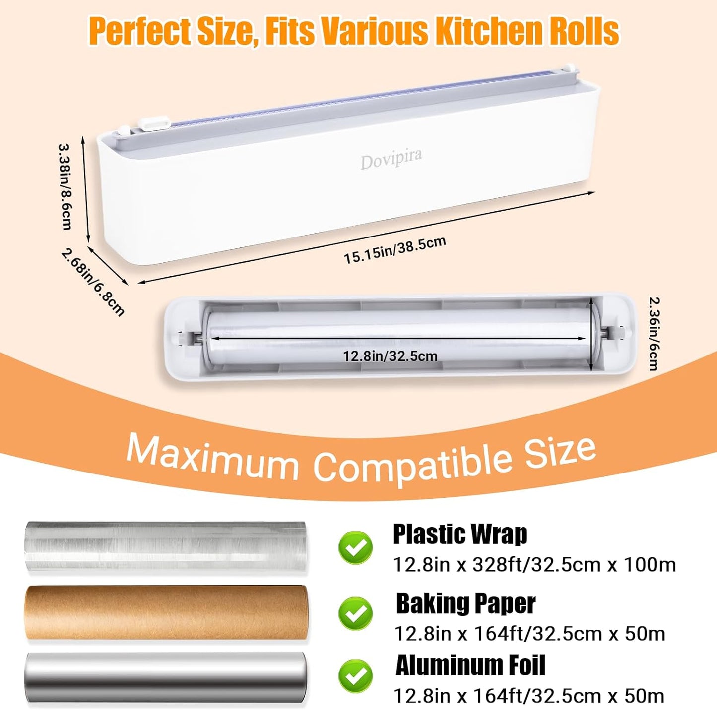 Magnetic Plastic Wrap and Foil Dispenser with Cutter, Upgrade Large Size Fits Max 12.8In x 984Ft Cling Film, Adhesive Wall Mounted Aluminum Foil and Wrap Organizer Holder for Kitchen