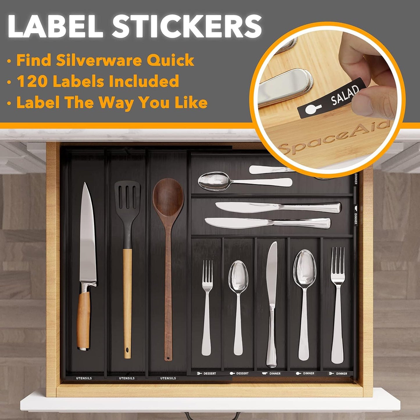 SpaceAid Bamboo Silverware Drawer Organizer with Labels, Kitchen Utensil Expandable Tray Holder Organizer for Flatware, Cutlery, Spoon and Knives Drawer Storage Organization (Natural, 10 Slots)