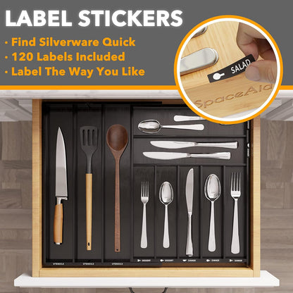 SpaceAid Bamboo Silverware Drawer Organizer with Labels, Kitchen Utensil Expandable Tray Holder Organizer for Flatware, Cutlery, Spoon and Knives Drawer Storage Organization (Natural, 10 Slots)