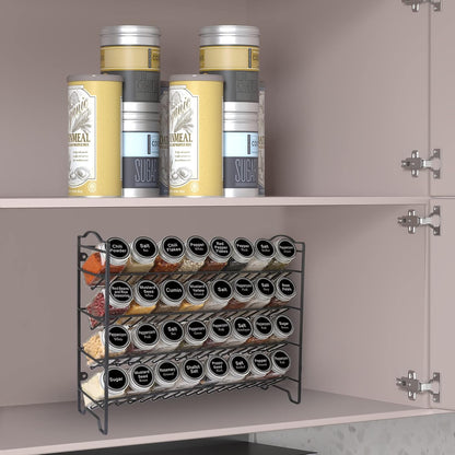 SWOMMOLY Spice Rack Organizer with 32 Glass Spice Jars, 396 Spice Labels, Chalk Marker and Funnel Complete Set, for Cabinet, Countertop, Cupboard or Wall Mount, Black