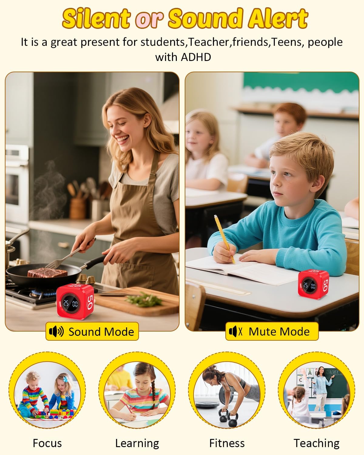 Digital Pomodoro Timer Cube 5/10/25/50min, Visual Productivity Flip Timer for Kids Classroom Desk, Custom Countdown, Silent and Sound Mode for ADHD Study Work Game Kitchen (Orange)