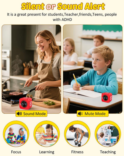 Digital Pomodoro Timer Cube 5/10/25/50min, Visual Productivity Flip Timer for Kids Classroom Desk, Custom Countdown, Silent and Sound Mode for ADHD Study Work Game Kitchen (Orange)