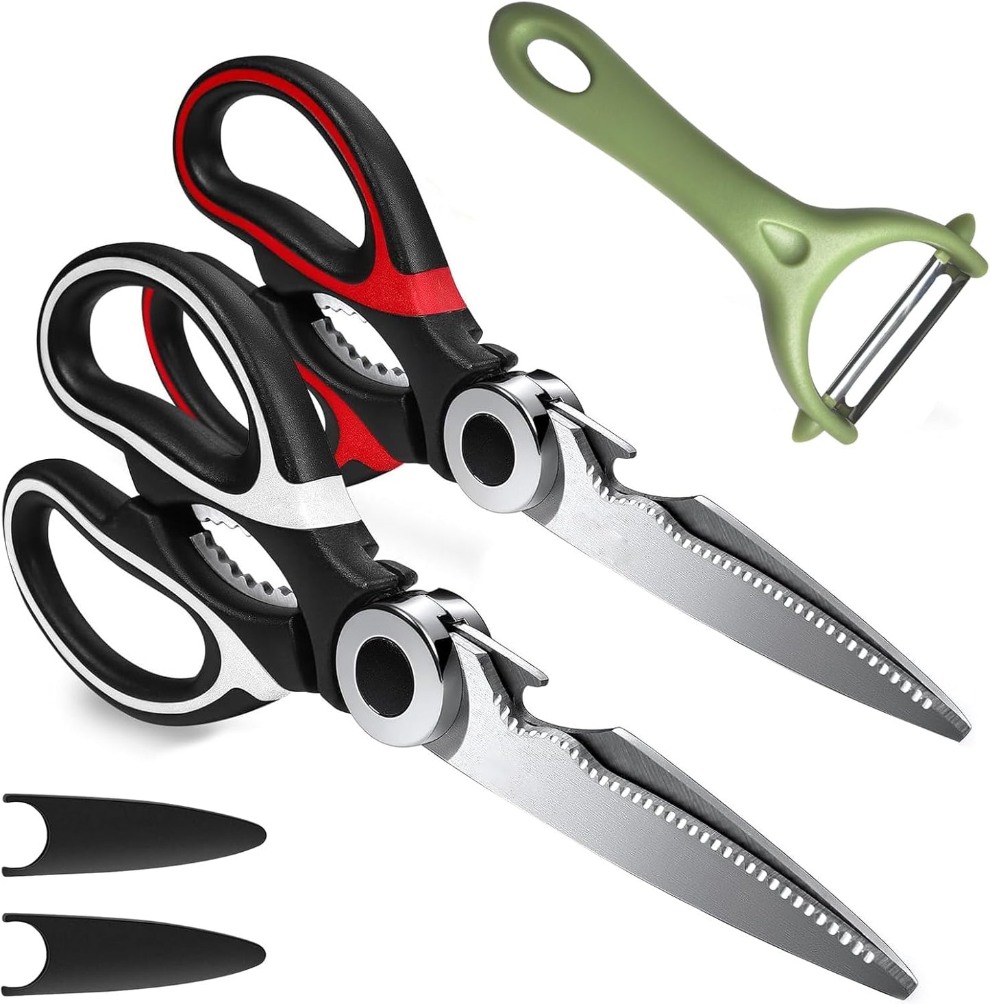 2Pcs Kitchen Scissors with Peeler - Heavy Duty Stainless Steel, Multipurpose Ultra Sharp Food Kitchen Shears for Meat, Poultry, Vegetables, Fruits, Herbs, Pizza - Ergonomic Grip, Dishwasher Safe