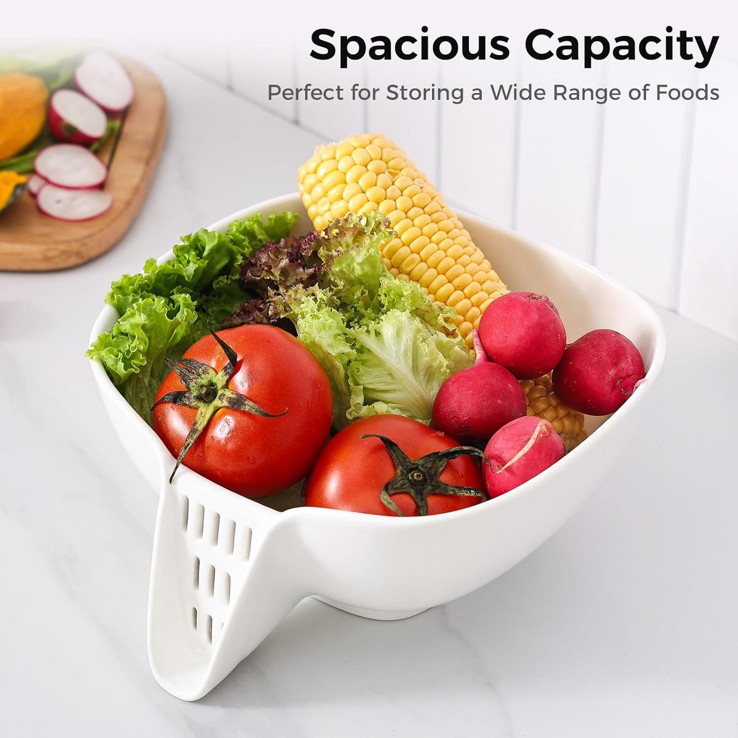 Dizada Ceramic Drain Basket 60 Oz - Porcelain Colander with Integrated Spout for Kitchen, Food Strainer for Vegetables, Fruit, Pasta, Heat-Resistant Dishwasher Safe