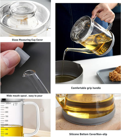 Gravy Fat Separator,1000ML Transparent Heat Resistant Glassware and Cover,with Stainless Steel Strainer,Silicone Bottom Cover and Stopper,