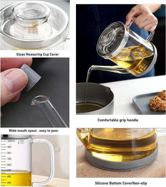 Gravy Fat Separator,1000ML Transparent Heat Resistant Glassware and Cover,with Stainless Steel Strainer,Silicone Bottom Cover and Stopper,