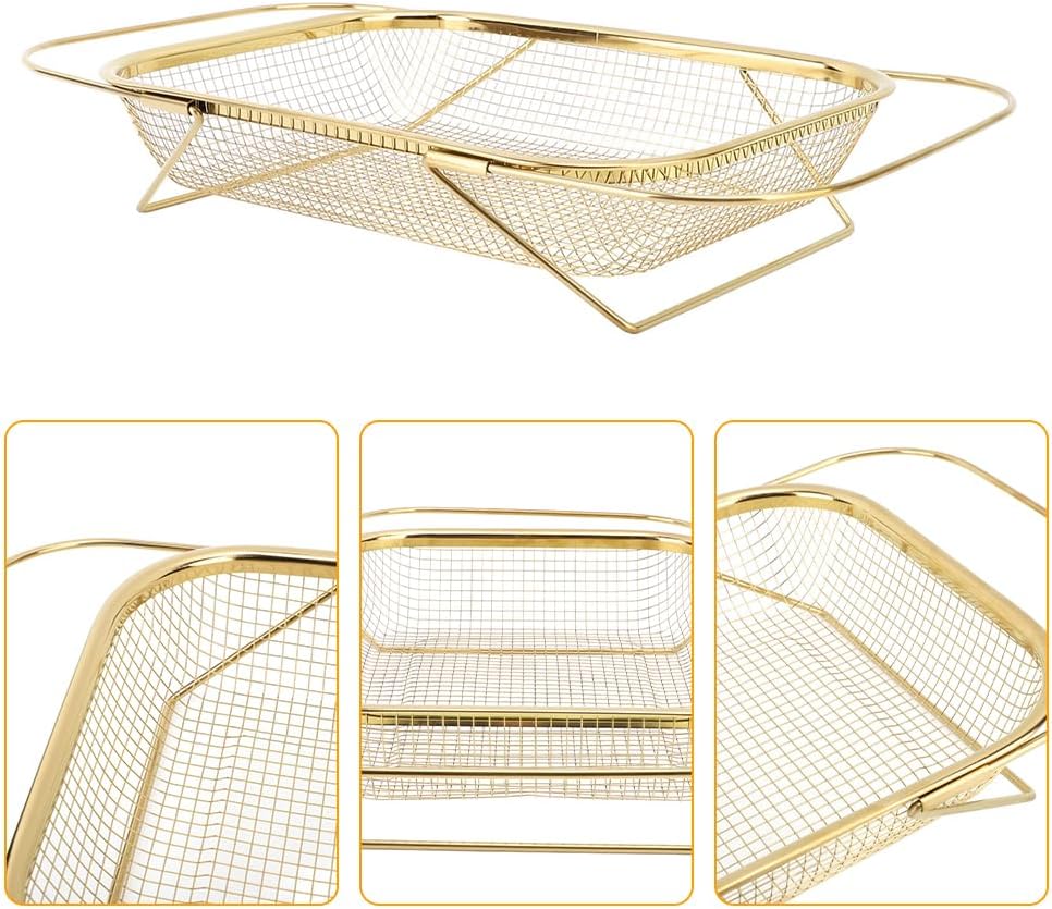 Over the Sink Colander, Expandable Baskets with Fine Mesh Strainer Handle Stainless Steel Rectangle Kitchen Colanders for Strain Drain Rinse Fruits Vegetables Pasta New Home Essentials (Gold)