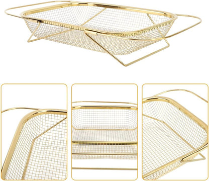 Over the Sink Colander, Expandable Baskets with Fine Mesh Strainer Handle Stainless Steel Rectangle Kitchen Colanders for Strain Drain Rinse Fruits Vegetables Pasta New Home Essentials (Gold)