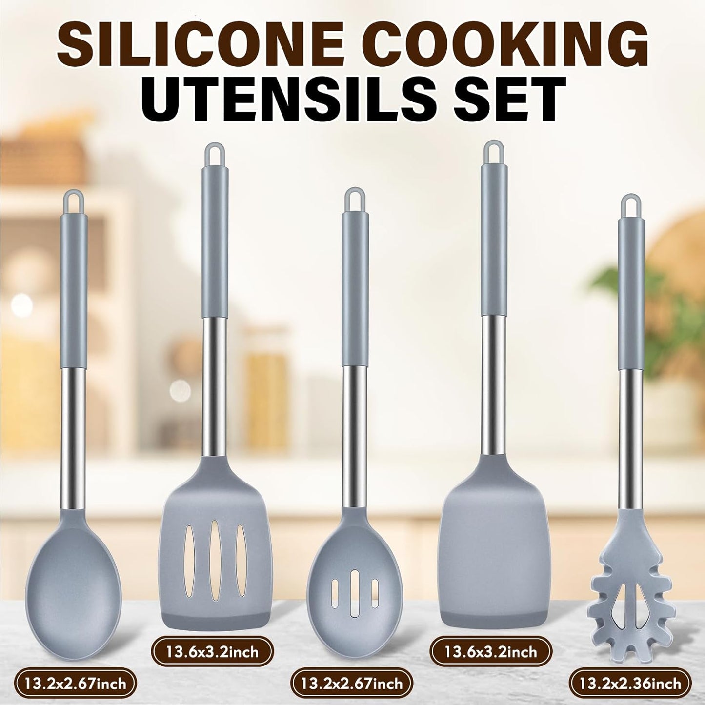 5Pcs Silicone Cooking Utensils Set, Heat Resistant Kitchen Tools Include Solid&Slotted Spatula, Cooking Spoon and Pasta Server, Silicone Kitchen Utensils set for Nonstick Cookware Flipping, Black