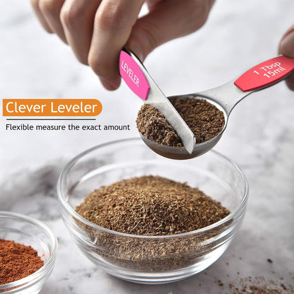 Wildone 14 Piece Stainless Steel measuring spoons Set, Including 8 Double Sided Magnetic, 1 Leveler and 5 Mini, for Dry and Liquid Ingredients, Fits in Spice Jar
