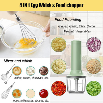Cordless Hand Mixer MixgoII, Handheld Mixer Electric Whisk & Milk Frother, Hand Held Mini Mixers, Rechargeable Hand Mixer and Whisker, Food Processor for Cooking, Food Chopper, 4-Speed, 10Oz
