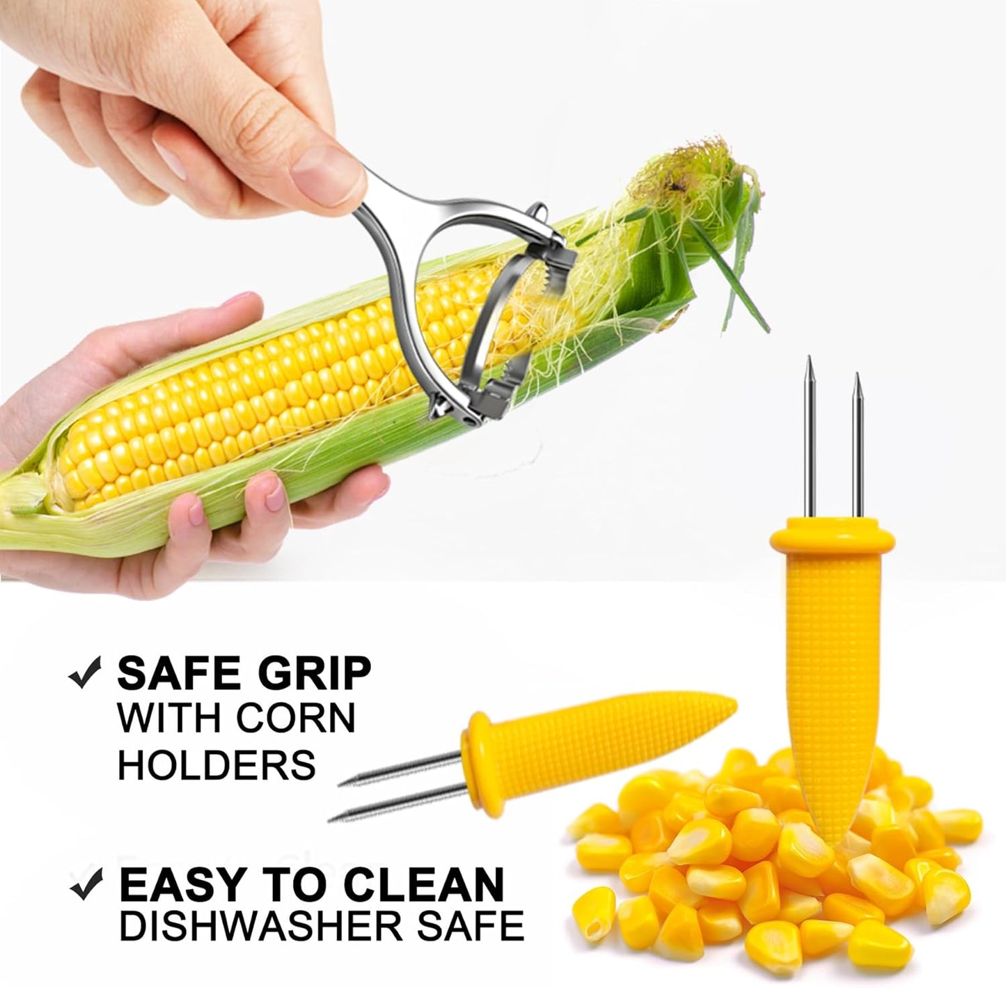 Corn Peeler Tool Set, Stainless Steel Corn Kernel Remover with Serrated Blade, Ergonomic Non-Slip Handle, Includes Corn Holders for Easy Corn Cutting