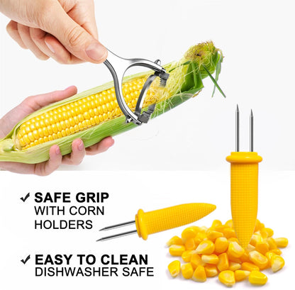 Corn Peeler Tool Set, Stainless Steel Corn Kernel Remover with Serrated Blade, Ergonomic Non-Slip Handle, Includes Corn Holders for Easy Corn Cutting