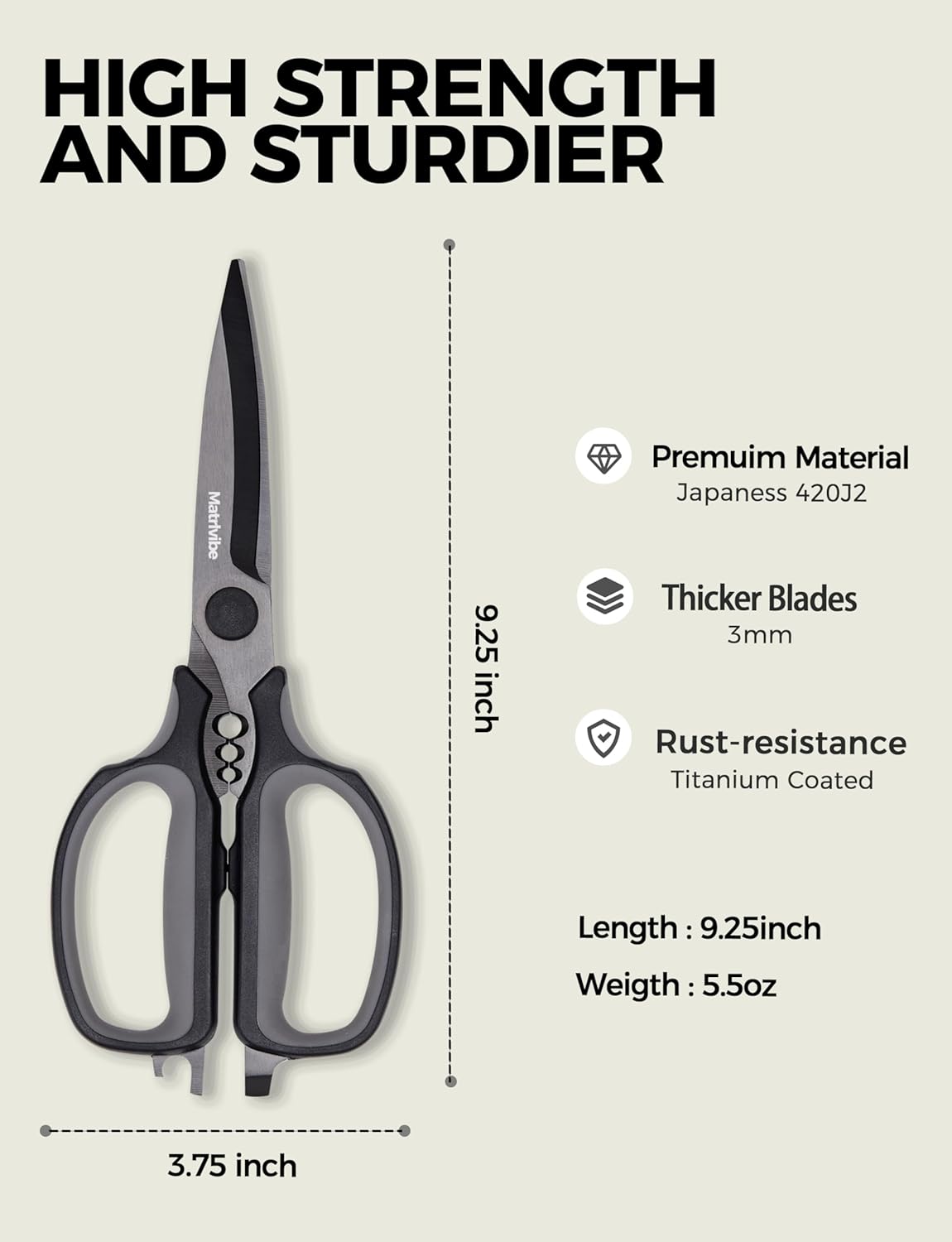 Heavy Duty Kitchen Shears, All Purpose Herb and Kitchen Scissors for food,Japanese 420J2 Stainless Steel,Titanium Coated, Detachable Blades and Soft TPR Handle,Dishwasher Safe