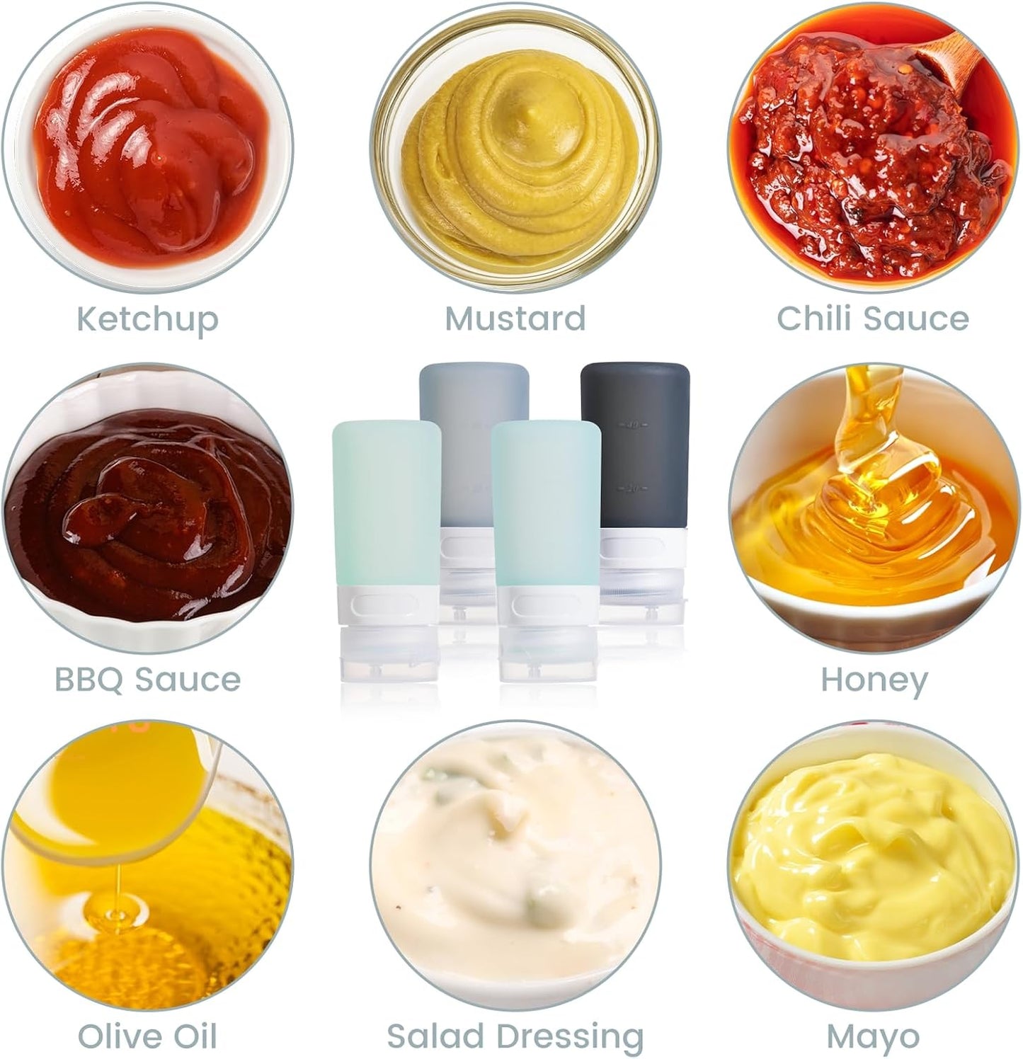 MICEBAY Condiment Squeeze Bottles for Sauces, 2-oz Mini Silicone Salad Dressing Container to Go with Reusable Sandwich Bag, Leakproof Ketchup Bottle for Bento Lunch Box, 4 Pack, Candies