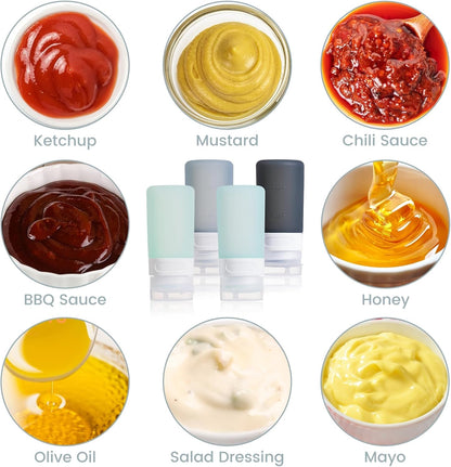 MICEBAY Condiment Squeeze Bottles for Sauces, 2-oz Mini Silicone Salad Dressing Container to Go with Reusable Sandwich Bag, Leakproof Ketchup Bottle for Bento Lunch Box, 4 Pack, Candies