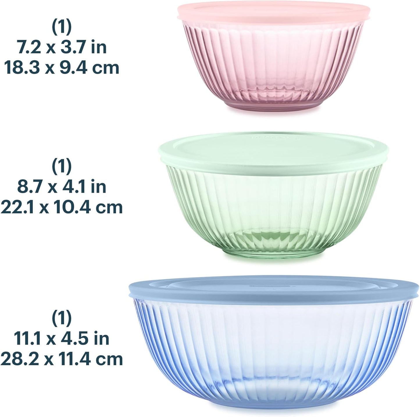 Pyrex Colors Tinted (3-Pack, Full Set) Sculpted Tinted Glass Mixing Bowls With Plastic Lids, Nesting Space Saving Set of Bowls For Prepping and Baking, 1.3QT, 2.3QT & 4.5QT