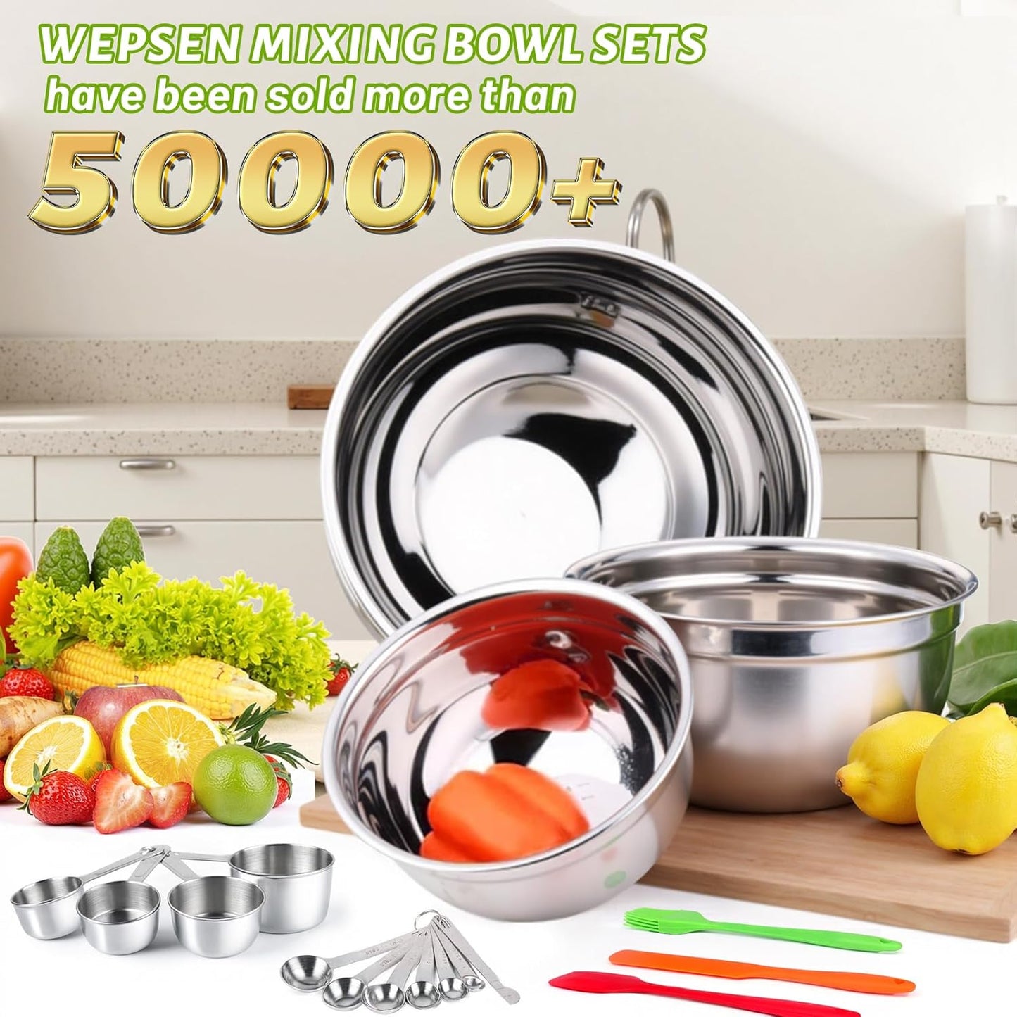 WEPSEN 5-Speed Electric Hand Mixer, 4 Large Mixing Bowls Set, Handheld Mixers with Whisks Beater, Stainless Steel Metal Nesting Bowl Measuring Cups Spoons Kitchen Cake Blender for Baking Supplies