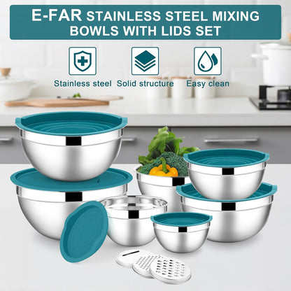 E-far Stainless Steel Mixing Bowls with Lids Set, 5-Piece Nesting Salad Bowls with 3 Grater Attachments and Non-Slip Bottoms, Size 4.6, 2.6, 2, 1.5, 1QT for Kitchen (Black)
