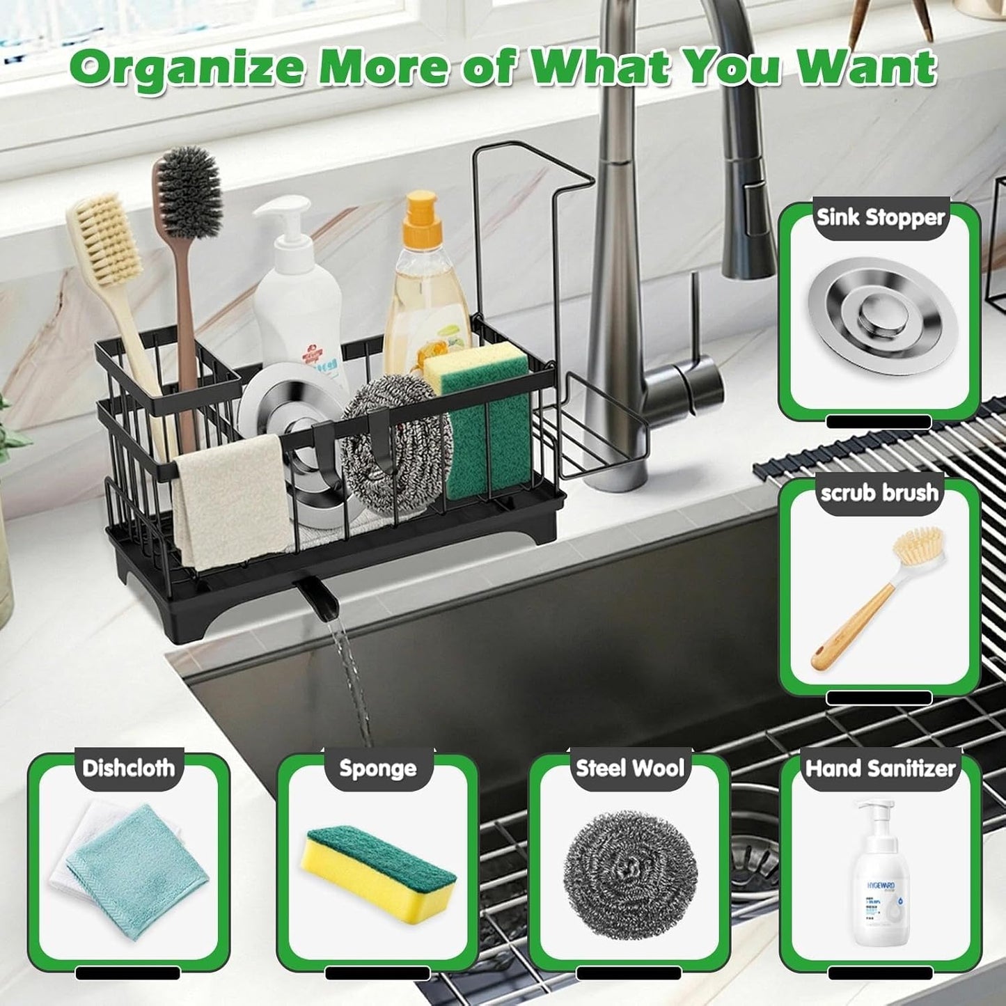 Sponge Holder for Kitchen Sink, Sink Caddy Organizer with Detachable Cloth & Brush Holder, Self-Draining Sponge Caddy Organizer with 360° Rotatable Spout, Kitchen Countertop Storage Accessories(White)