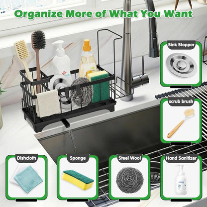 Sponge Holder for Kitchen Sink, Sink Caddy Organizer with Detachable Cloth & Brush Holder, Self-Draining Sponge Caddy Organizer with 360° Rotatable Spout, Kitchen Countertop Storage Accessories(White)