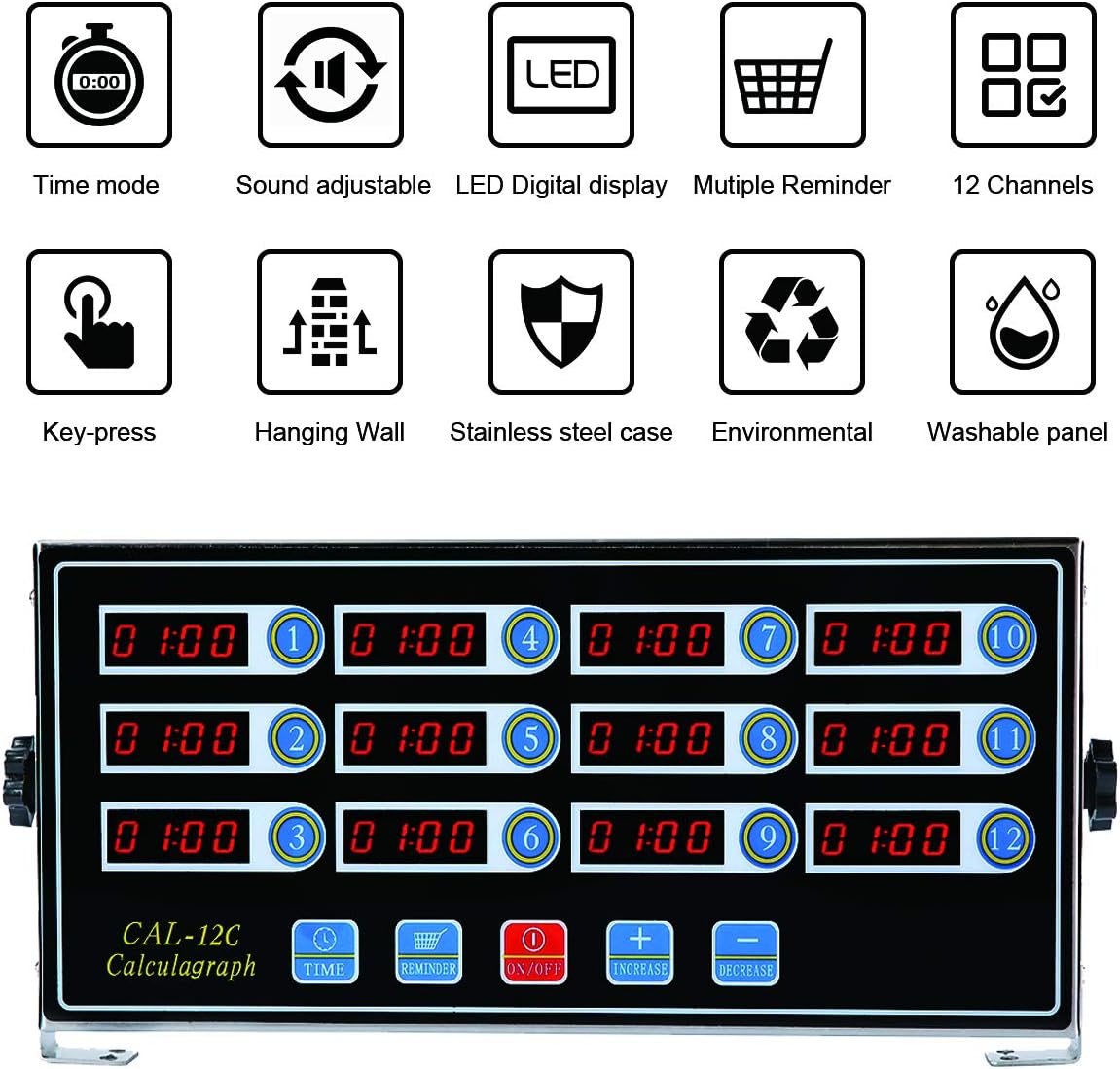 Kitchen Timers for Cooking, 8 Channel, Commercial Grade, Stainless Steel, LED Digital, Loud Alarm,