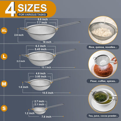 Ydeapi 8.6" Large Fine Mesh Strainer with Handle, Metal Food Strainers for Kitchen, Sieve Fine Mesh Stainless Steel for Rice, Quinoa, Pasta, Noodles