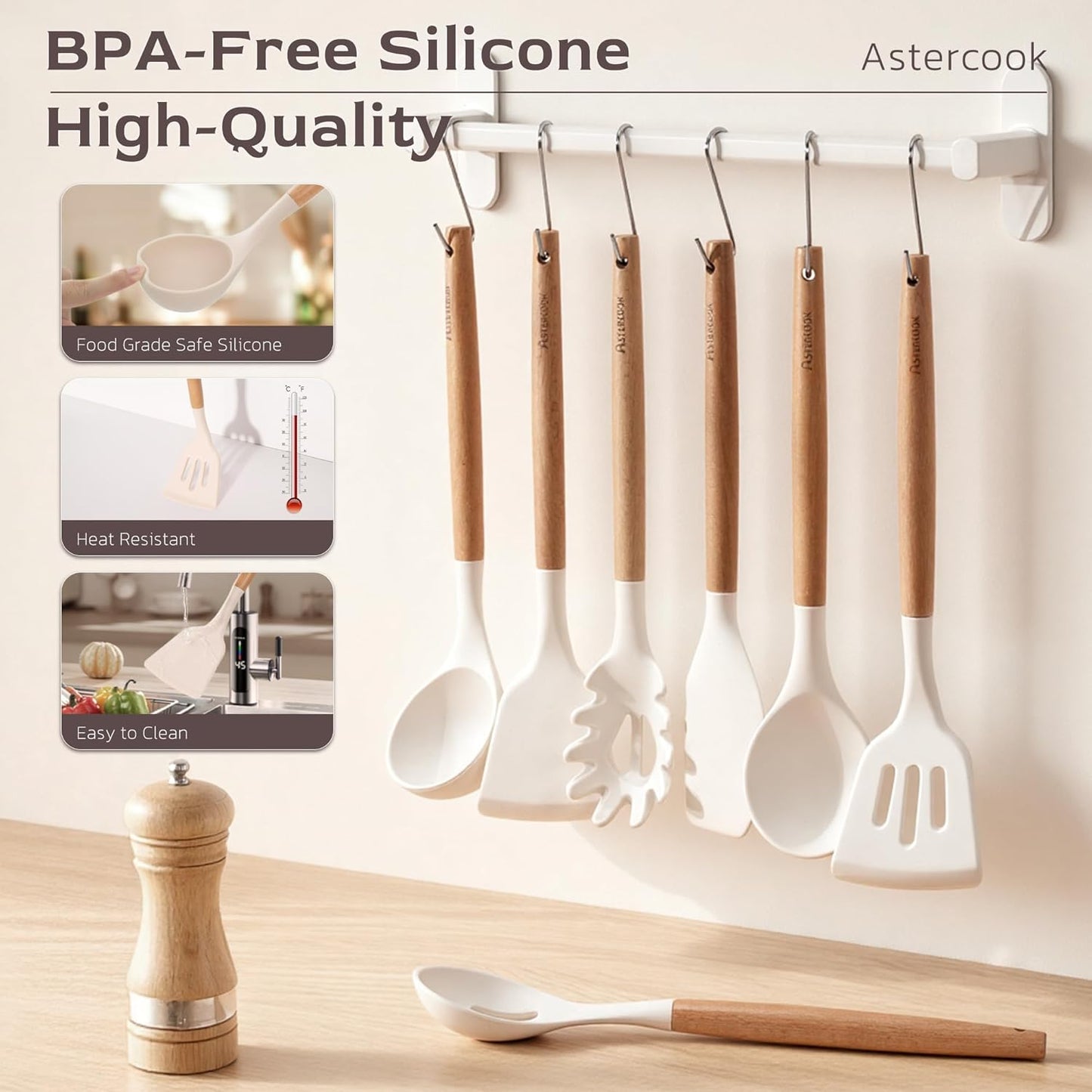 Astercook 39 PCS Kitchen Utensils Set, Silicone Cooking Utensil Sets with Wooden Handle, 446°F Heat Resistant Food Grade Spatula Set, BPA Free Kitchen Gadgets Tools Set & Spoons for Nonstick Cookware