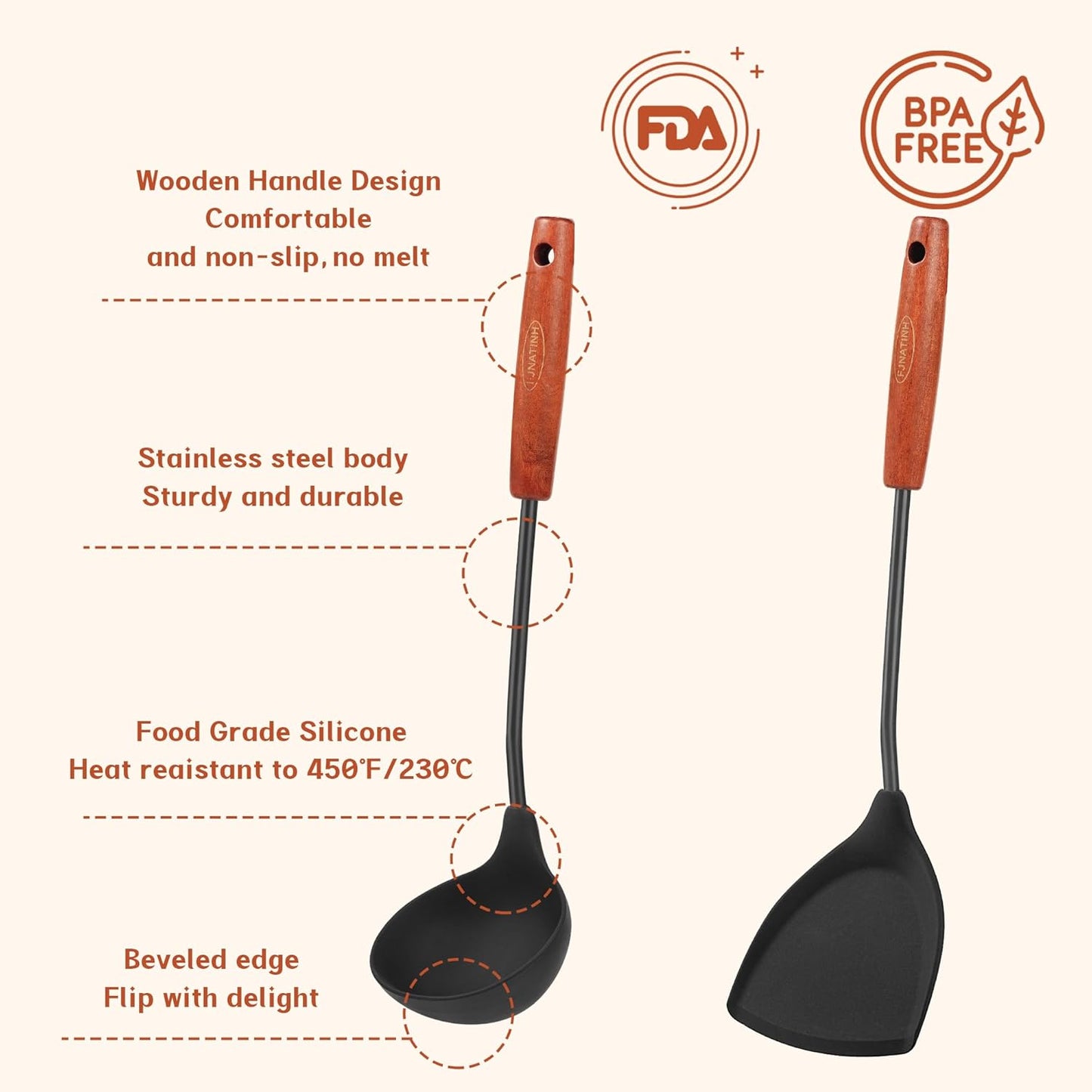 FJNATINH Wok Tools, Wok Utensil,Wok Spatula,Ladle,Skimmer Tool Set,Non Stick Heat-Resistant Silicone Cooking Utensils BPA Free Kitchen Utensils Cookware, Pack of 3,Black