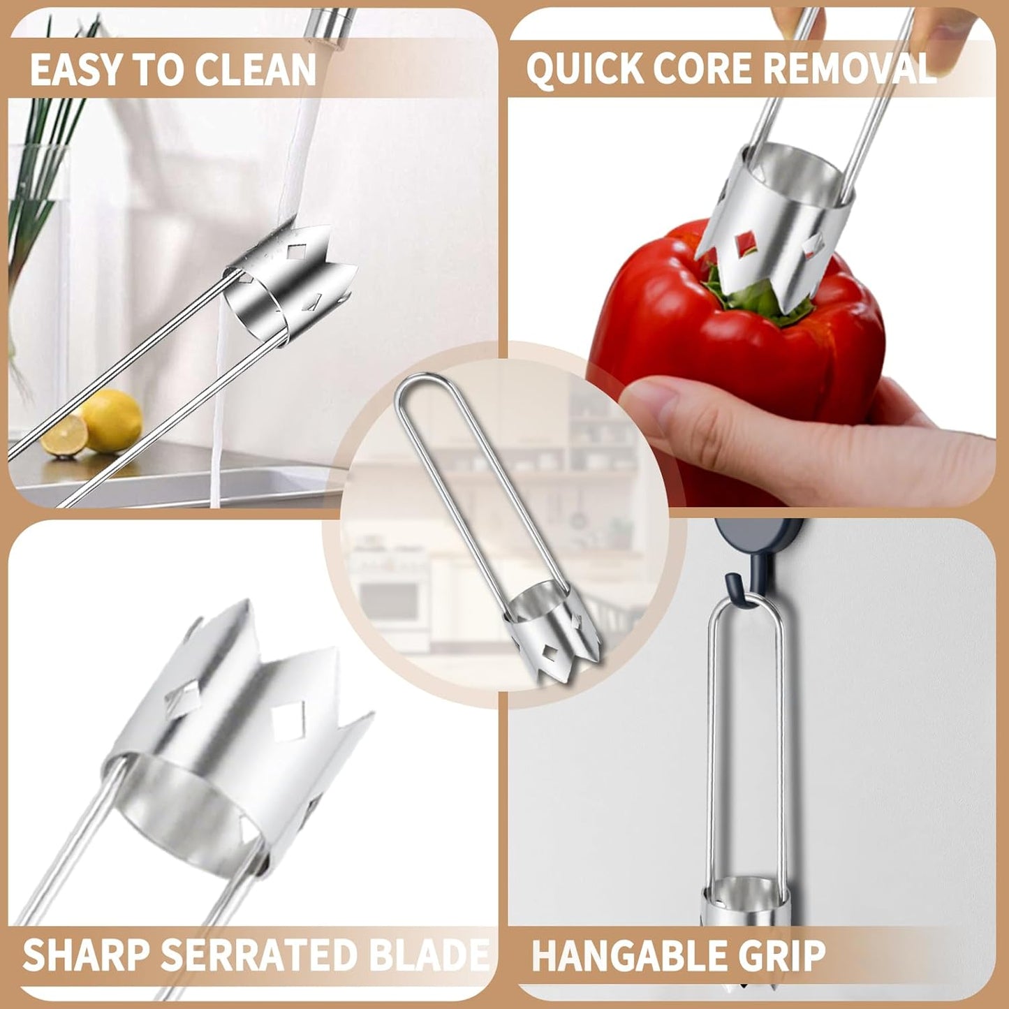 Apple Corer Tool, Upgraded Stainless Steel Bell Pepper Corer Seed Remover Tool, Apple Core Remover, Multifunctional Vegetable and Fruit Corer Tools Kitchen Gadgets (Silver)