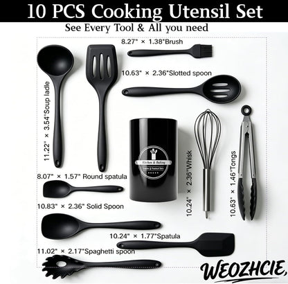 Silicone Kitchen Utensils Set,10 PCS Cooking Kitchen Utensils Set, Nonstick Kitchen Utensils 446°F Heat-Resistant Cookware Kitchen Tools of Spoon,Brush,Whisk,Spatula,Turner Tongs(Black)