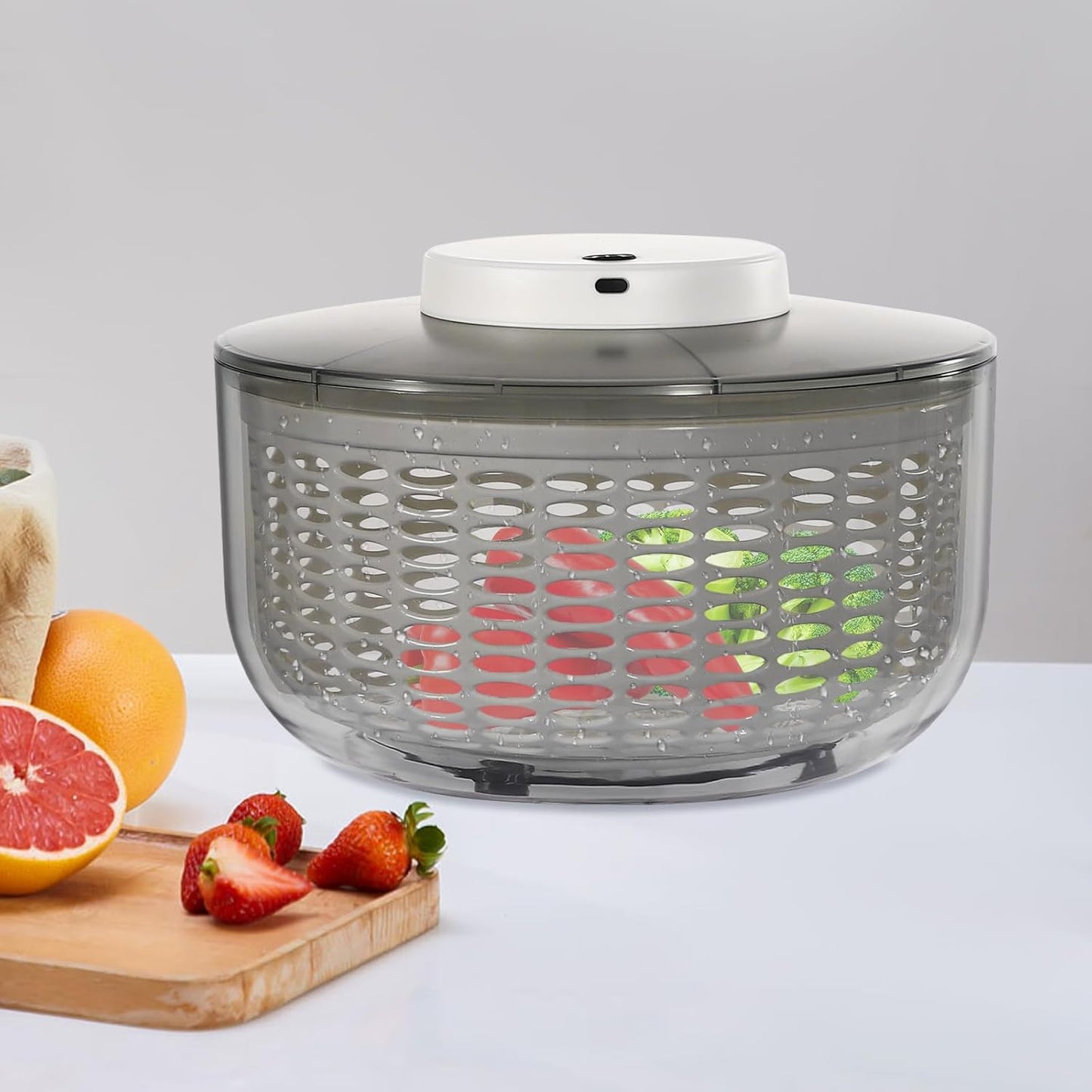 Electric Salad Spinner 6W, 6L/6.34Qt Fruit Vegetable Washer Dryer Countertop Vegetable Dehydrator w/Bowl & Colander Round Lettuce Dryer for Draining, Dehydrating, Storing Vegetables
