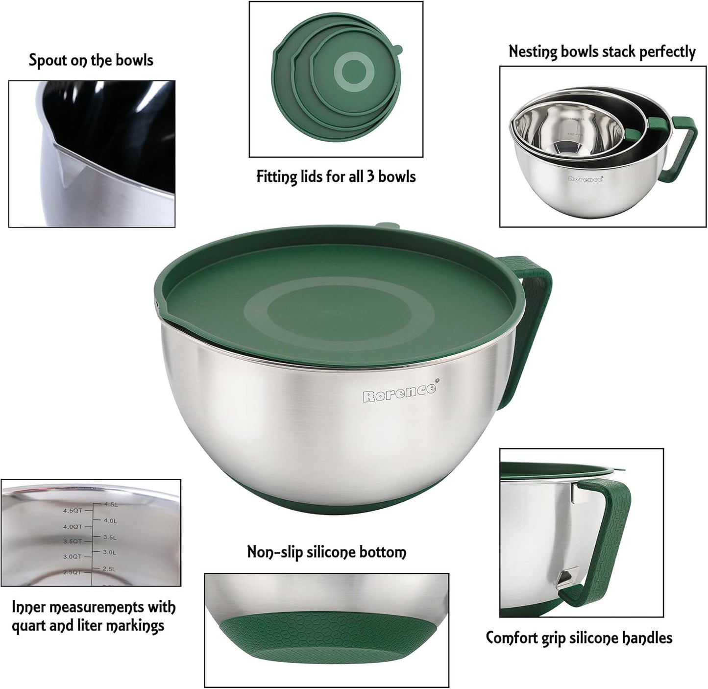 Rorence Stainless Steel Non-Slip Mixing Bowls With Pour Spout, Handle and Lid, Set of 3, Black
