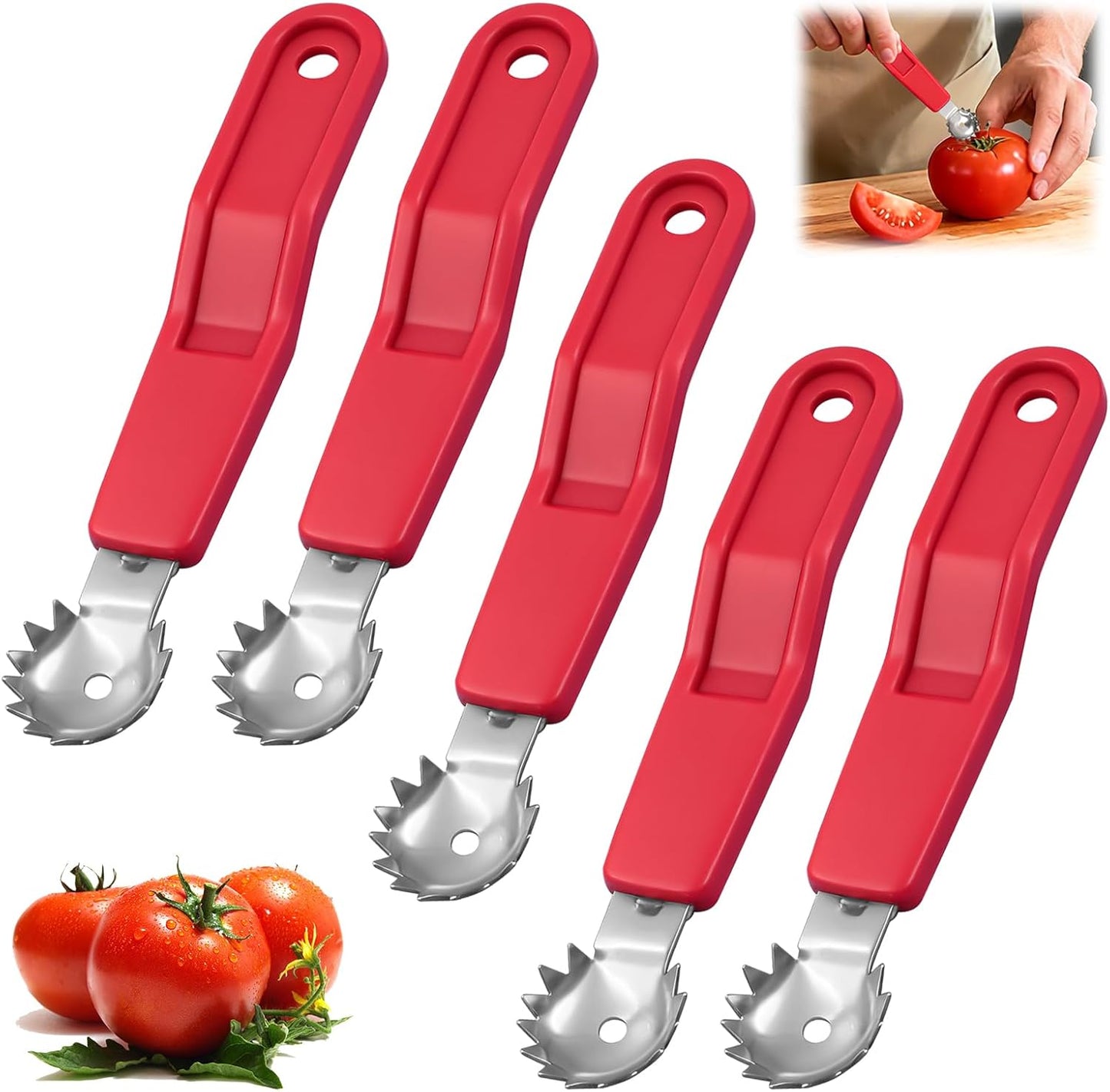 5 Pcs Tomato Corer Tool Strawberry Huller Stem Remover, Handle with hole, Stainless Steel, Fruit Corer Tool for Tomato Strawberry (Red+White)