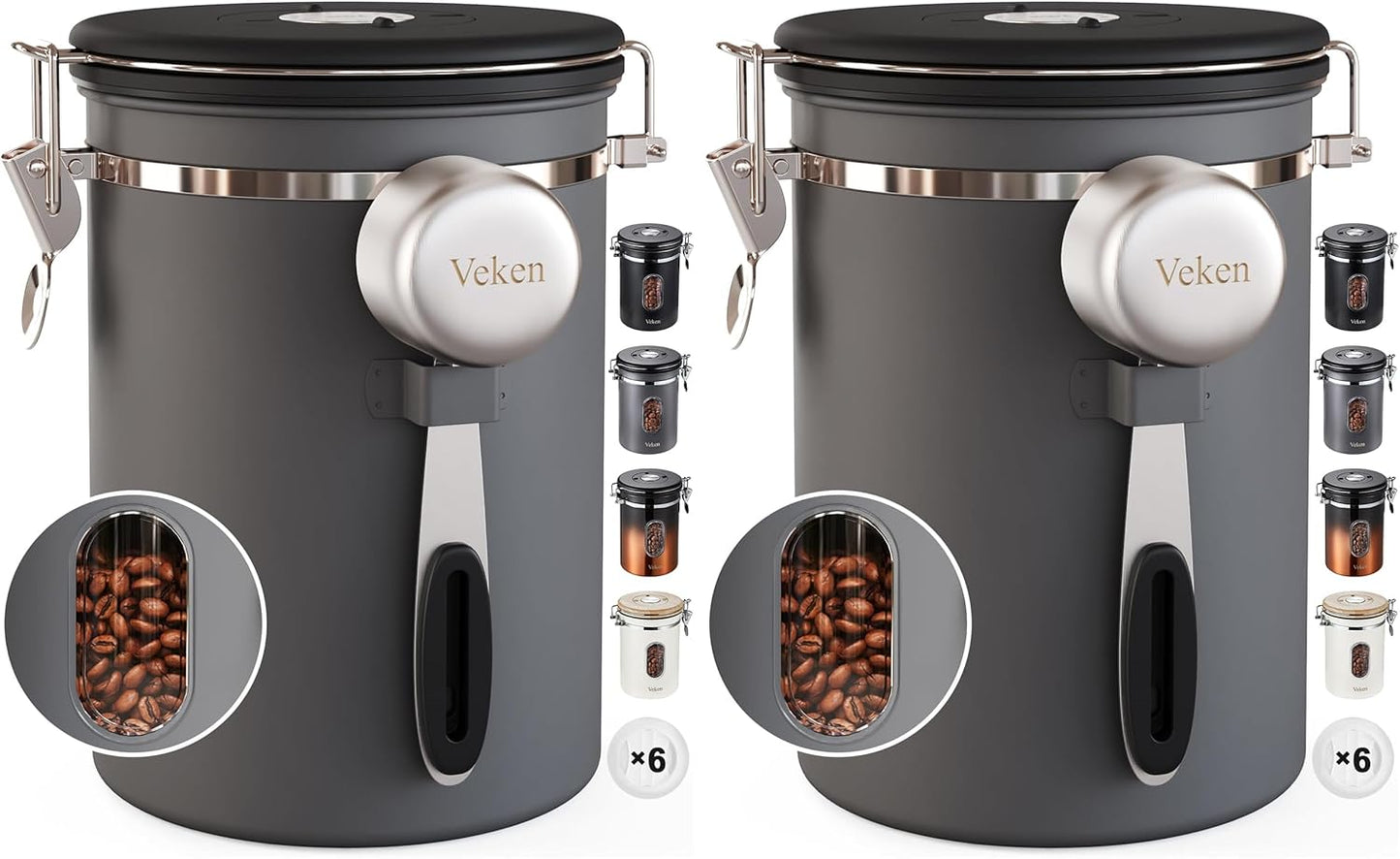 Veken Coffee Canister with Window,Airtight Stainless Steel Pantry Container,Home Kitchen Food Storage Organizers for Ground,Beans,Espresso,Rice,Tea,Sugar,Cereal, Decor,Bar Accessories,Gifts,22OZ,Black