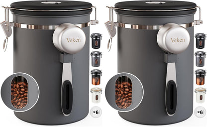 Veken Coffee Canister with Window,Airtight Stainless Steel Pantry Container,Home Kitchen Food Storage Organizers for Ground,Beans,Espresso,Rice,Tea,Sugar,Cereal, Decor,Bar Accessories,Gifts,22OZ,Black