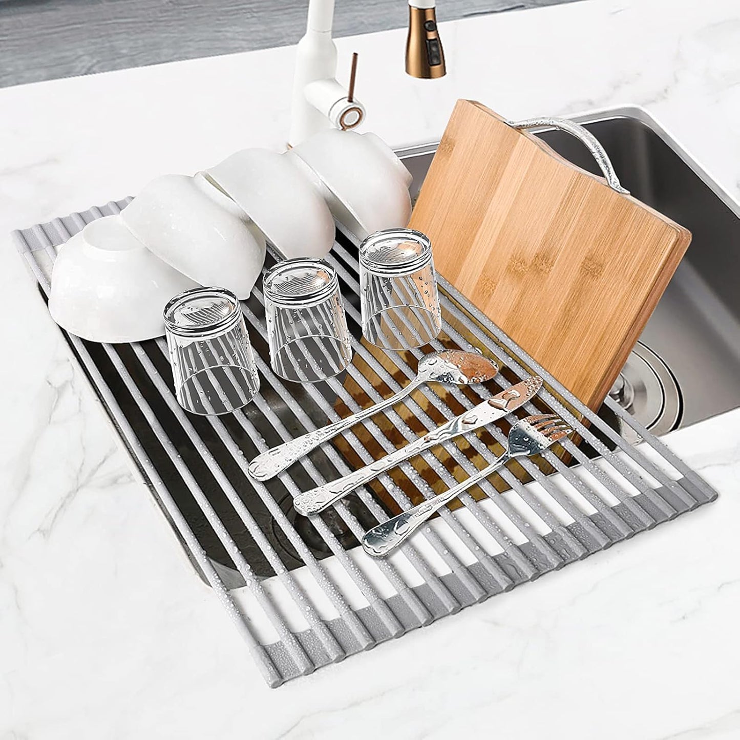 MERRYBOX Roll Up Over The Sink Dish Drying Rack Silicone Wrapped Foldable, Heat-Resistant, Anti-Slip Sink Rack Multipurpose Dish Drainer for Kitchen Sink Counter - White, 17.5" x 11"