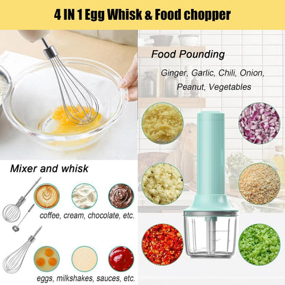 Cordless Hand Mixer MixgoII, Handheld Mixer Electric Whisk & Milk Frother, Hand Held Mini Mixers, Rechargeable Hand Mixer and Whisker, Food Processor for Cooking, Food Chopper, 4-Speed, 10Oz