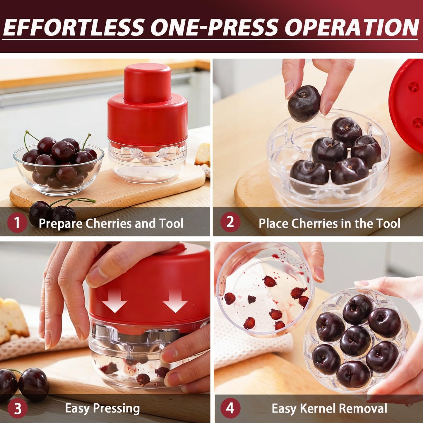 7-IN-1 Large Cherry Pitter Tool - Portable Cherry Corer Pitter With Ergonomic Push Design - Easy to Use for Making Cherry Jam - Pit 7 Cherries at Once, Saving Time & Effort - Red