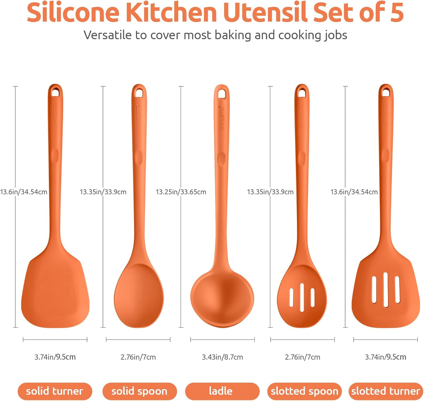 Silicone Kitchen Cooking Utensil Set: U-Taste High Heat Resistant 13.6in Long Kitchen Gadgets, BPA Free Non Stick Rubber Cook Accessories For Stir Frying, Serving, Basting, Mixing (5 Pieces, Black)