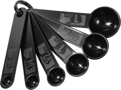 5Pcs Black Measuring Spoons Universal Easy to Read Measuring Cup and Spoon Set with Soft Grip Handle Plastic Cups and Spoons for Baking&Kitchen Hang Hole and Nesting for Easy Storage