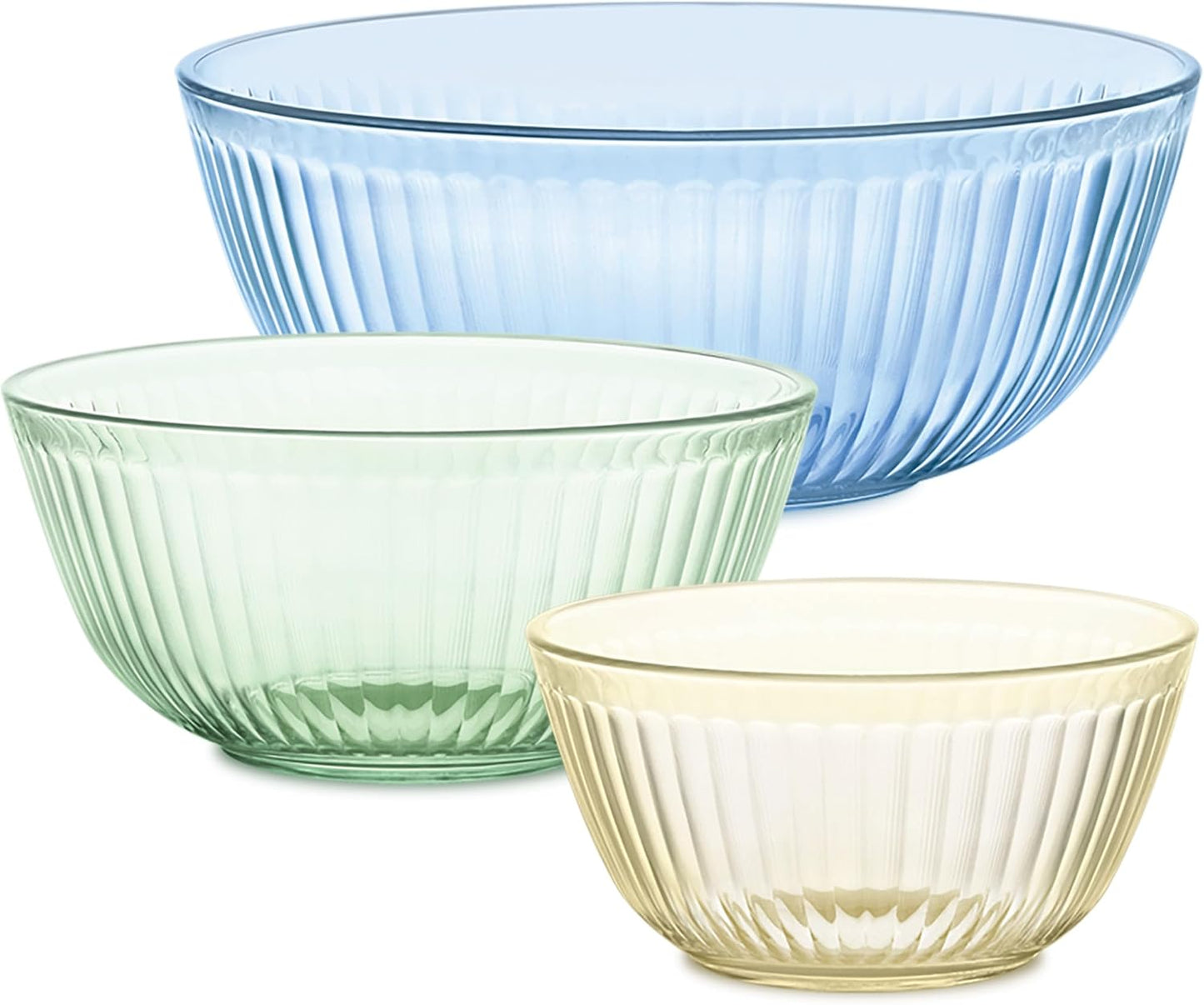 Pyrex Colors Tinted (3-Pack, Full Set) Sculpted Tinted Glass Mixing Bowls With Plastic Lids, Nesting Space Saving Set of Bowls For Prepping and Baking, 1.3QT, 2.3QT & 4.5QT