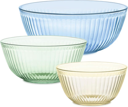 Pyrex Colors Tinted (3-Pack, Full Set) Sculpted Tinted Glass Mixing Bowls With Plastic Lids, Nesting Space Saving Set of Bowls For Prepping and Baking, 1.3QT, 2.3QT & 4.5QT