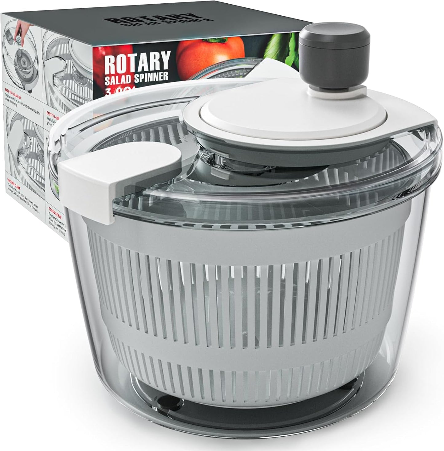 Cambom Salad Spinner Lettuce Spinner, Wash, Spin & Dry Salad Greens, Vegetable Washer Salad Dryer With Rotary Handle for Fruits & Vegetables, High Efficiency Vegetable Spinner Kitchen Gadget 3Qt Black