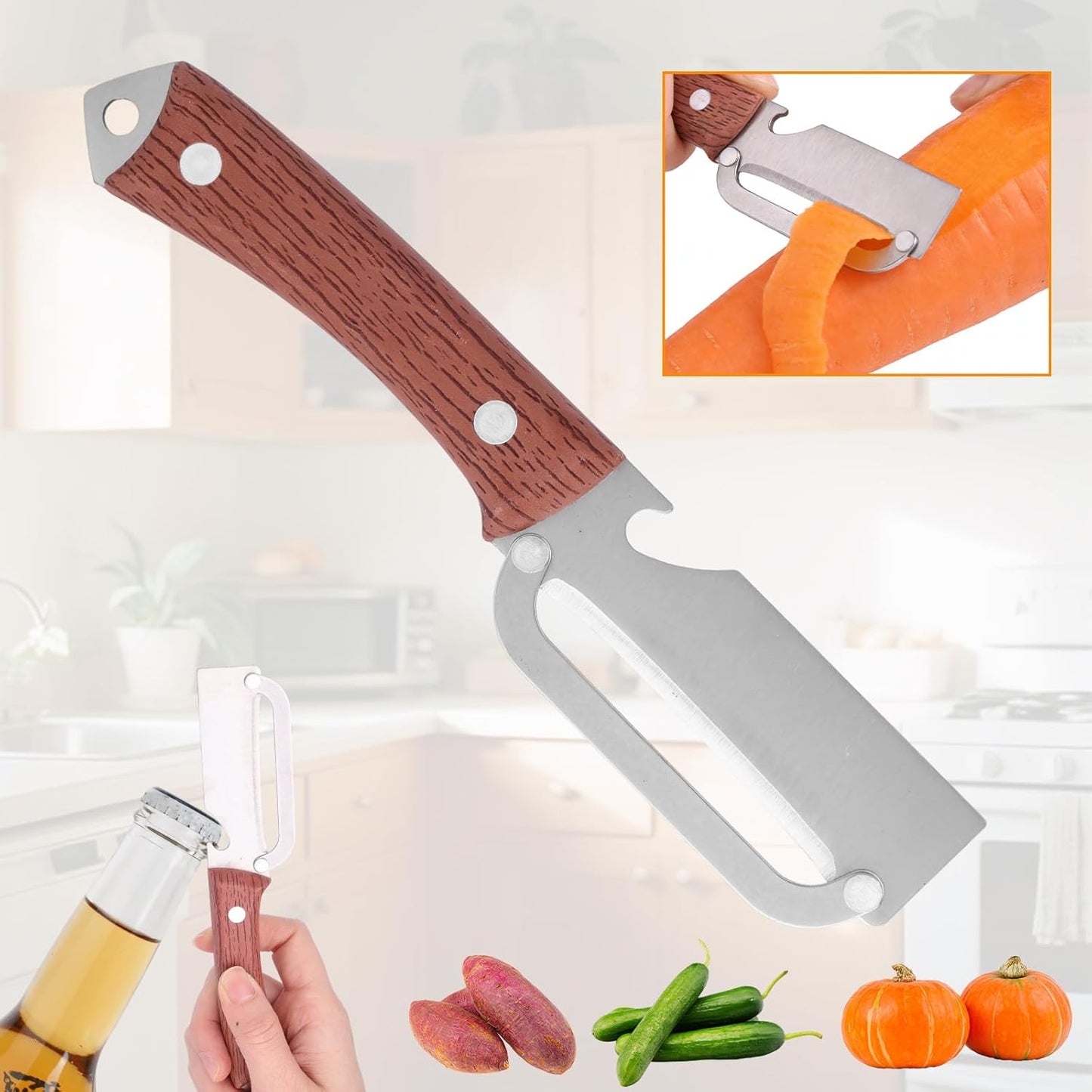 Multi-Functional Vegetable Peeler with Wooden Handle, Stainless Steel Thick & Thin Skin Fruit Peeler with Bottle Opener, Not for Left-Handed Users, Practical Kitchen Tool for Apple Potato