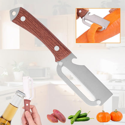 Multi-Functional Vegetable Peeler with Wooden Handle, Stainless Steel Thick & Thin Skin Fruit Peeler with Bottle Opener, Not for Left-Handed Users, Practical Kitchen Tool for Apple Potato