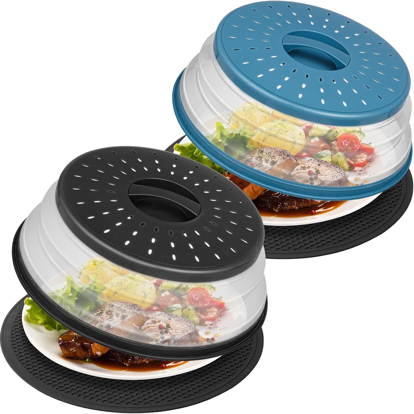 Collapsible Microwave Splatter Cover for Food, Vented Microwave Plate Cover Lid 10.5 inch, BPA-Free Silicone & Plastic, Dishwasher Safe, Multipurpose Colander for Fruit Vegetable, Black