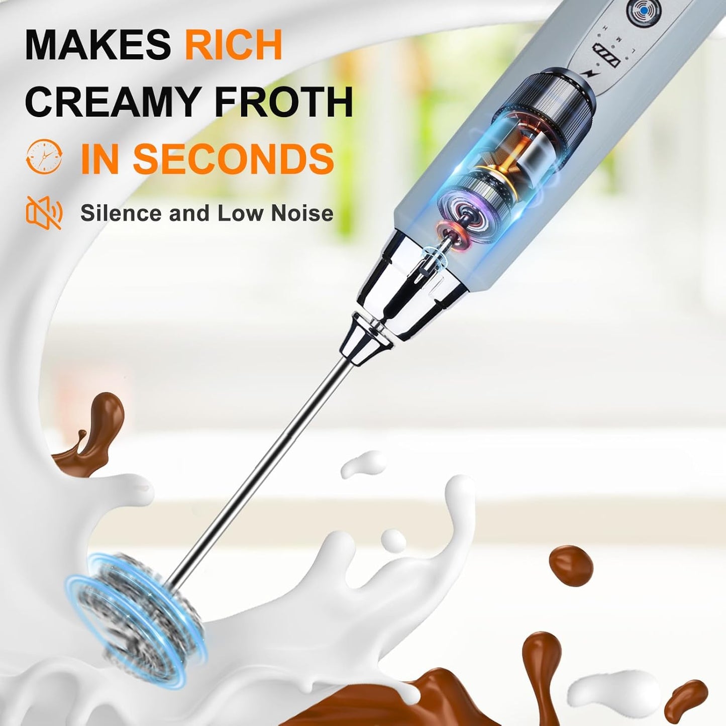 YUSWKO Black Handheld Milk Frother Wand for Coffee, Rechargeable Electric Whisk with 3 Heads 3 Speeds Drink Mixer Coffee Frother For Latte, Cappuccino, Hot Chocolate, Egg