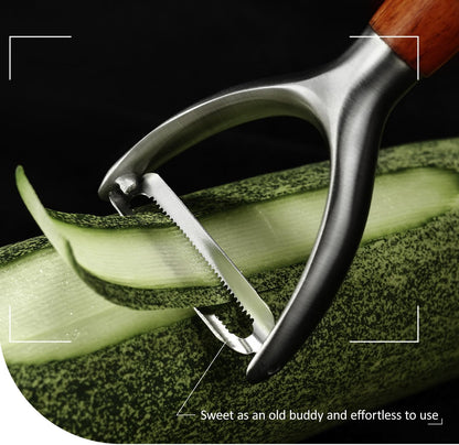 Serrated Blade Premium I Type 304 Stainless Steel Multifunctional Kitchen Peeler Real Wood Handle Ultra Sharp Blade Vegetable Potato Apple（Agarwood）